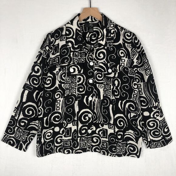 iOS Silk Linen Jacket Women’s Sz M Black Ivory Abstract Artsy Textured EUC - Picture 1 of 11